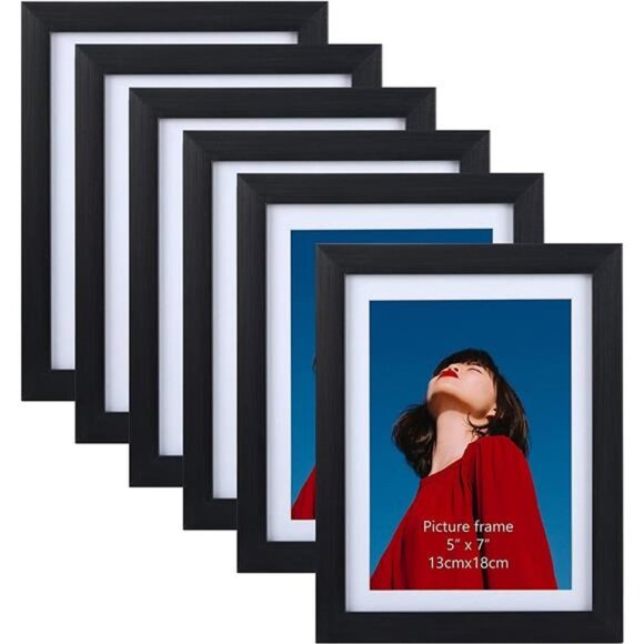 5x7 Black Picture Frames Set of 6, Multi Frames Matted to Display Photos 5x7 - Picture 1 of 6